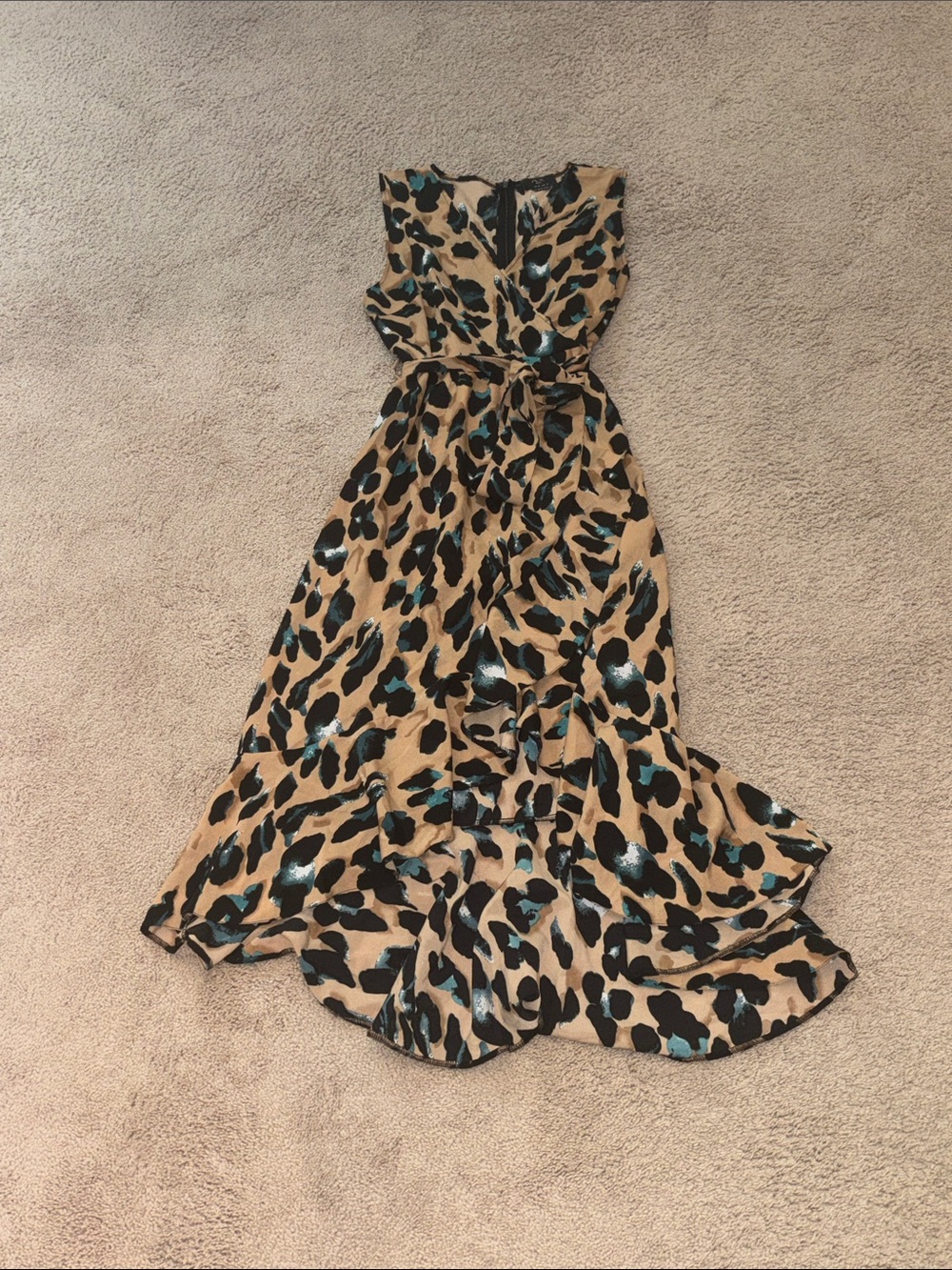AX Paris Tan Leopard Print High-Low Dress with Teal Accents